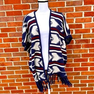 WF Western Style Short Sleeve Red Blue Blanket Sweater Cardigan Womens Small